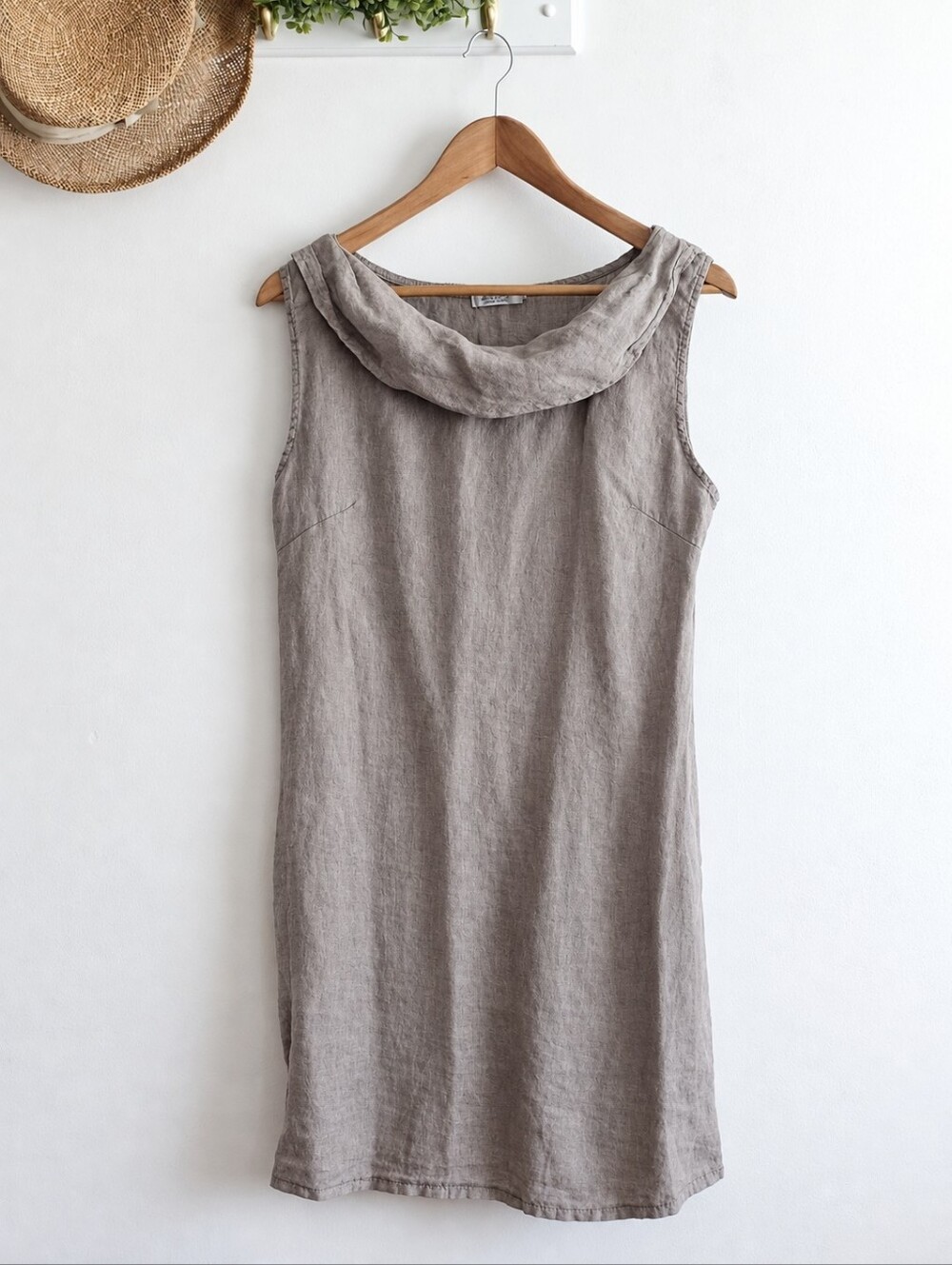 Blu Orchid Made in Italy 100% Linen Cowl Neck Dress Taupe Gray Size L